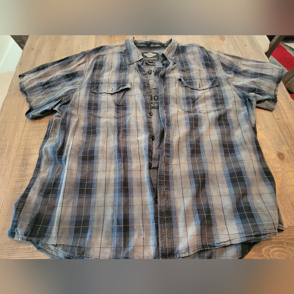 Mens Harley Davidson XXL button-down shirt plaid in blue,grey and black